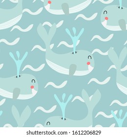 Seamless hand drawn cute happy whale background. Repeat cute mammal pattern.