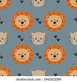Seamless hand drawn cute lion and cat animal head pattern design for kids, wrapping paper. Animal background.