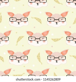 seamless hand drawn cute nerd fox wear glasses pattern background