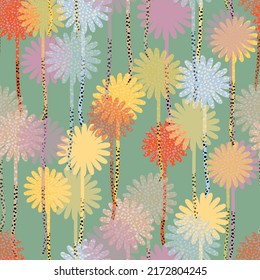 seamless hand drawn cute polka dot flowers pattern on green background , greeting card or fabric