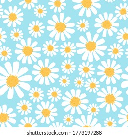 Seamless of hand drawn daisy flower on a blue background vector illustration. Cute floral pattern.