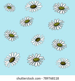 Seamless Hand Drawn Daisy Pattern on Blue Background. Camomile Doodle Vector Repeat Pattern