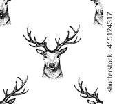 seamless hand drawn deer image of big buck head with large antlers whitetail deer.