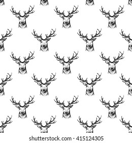 seamless hand drawn deer image of big buck head with large antlers whitetail deer.