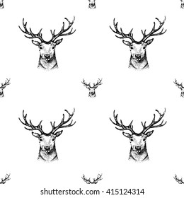 seamless hand drawn deer image of big buck head with large antlers whitetail deer.