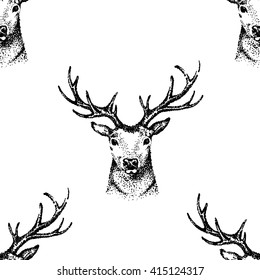 seamless hand drawn deer image of big buck head with large antlers whitetail deer.