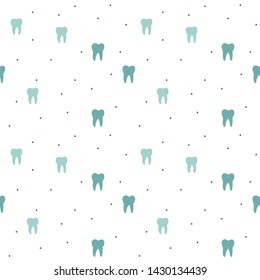 Seamless hand drawn dentistry vector pattern. Blue molar teeth isolated on white background. Small grey stars. Dental illustration. Perfect for wallpaper or fabric.