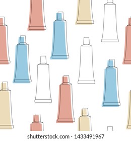 Seamless hand drawn dentistry vector pattern. Black contoured toothpaste tubes isolated on white background. Red, blue and beige dispensers. Dental illustration. Perfect for wallpaper or fabric.