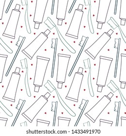 Seamless hand drawn dentistry vector pattern. Purple contoured toothpaste tubes and blue toothbrushes isolated on white background. Pink hearts. Dental illustration. Perfect for wallpaper or fabric.