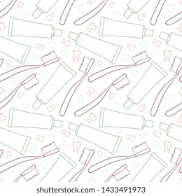 Seamless hand drawn dentistry vector pattern. Green contoured toothpaste tubes and purple toothbrushes isolated on white background. Pink and blue silhouettes of molar teeth. Dental illustration. 