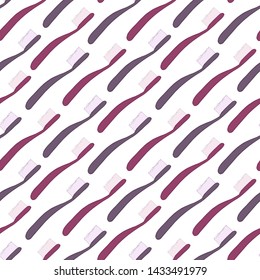 Seamless hand drawn dentistry vector pattern. Purple coloured toothbrushes isolated on white background. Diagonal geometric poster. Dental illustration. Perfect for wallpaper or fabric.