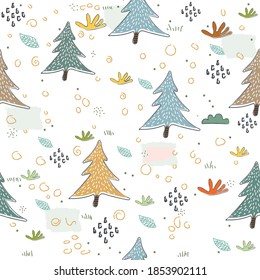 Seamless Hand Drawn Design with Spruce Trees. Bright Scandinavian Style. Vector Illustration