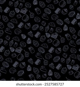 Seamless hand drawn desserts on black background. vector pattern with sweet dessert. ice cream, bread, croissant, cupcake, donut and milk illustration. black and white colors. wallpaper, fabric, texti