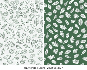 Seamless hand drawn different kind of leaves pattern, foliage plant and nature background in ink, wood-carving, wood block style in green and white, good for textile, stationary, wrapping paper