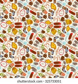 Seamless hand drawn doodle autumn cozy fall seamless pattern. Vintage vector illustration for wallpapers, fabric and scrapbooking.