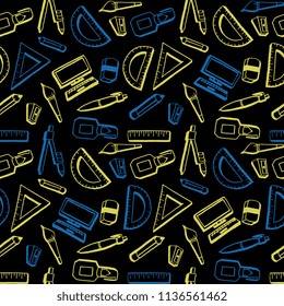 Seamless hand drawn doodle back to school theme pattern. Colorful line art on dark background.