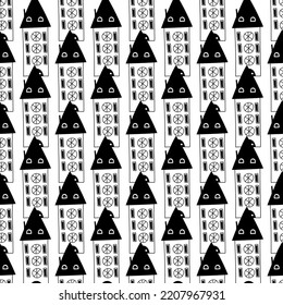 Seamless hand drawn doodle black and white houses pattern for kids, fabric, prints