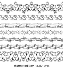 Seamless hand drawn doodle borders with skulls and guns. Vector illustration for backgrounds, textile prints, web and graphic design