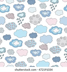 Seamless hand drawn doodle clouds background. Vector illustration. Texture for the banner, advertising, posters, textile, web design. Cartoon cloud. Autumn wallpaper