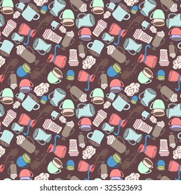 Seamless hand drawn doodle coffee pattern. Vintage vector illustration for wallpapers, fabric and scrapbooking.