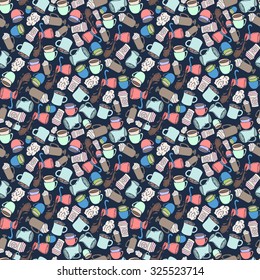 Seamless hand drawn doodle coffee pattern. Vintage vector illustration for wallpapers, fabric and scrapbooking.