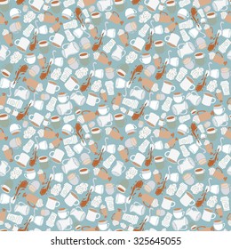 Seamless hand drawn doodle coffee pattern. Vintage vector illustration for wallpapers, fabric and scrapbooking.