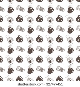 Seamless hand drawn doodle coffee pattern. Vintage vector illustration for wallpapers, fabric and scrapbooking.