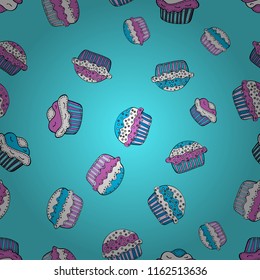 Seamless with hand drawn doodle desserts: cupcakes, cake, pie, muffins. Nice birthday background on blue, white and violet. Vector illustration.