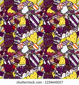 Seamless with hand drawn doodle desserts: cupcakes, cake, pie, muffins. Vector illustration. Nice birthday background on purple, white and black.