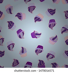 Seamless with hand drawn doodle desserts: cupcakes, cake, pie, muffins. Nice birthday background on neutral, violet and pink. Vector illustration.