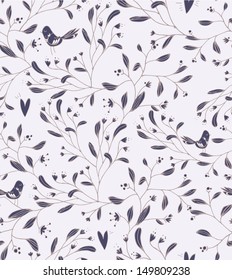 Seamless hand drawn doodle floral pattern with cute birds and hearts.