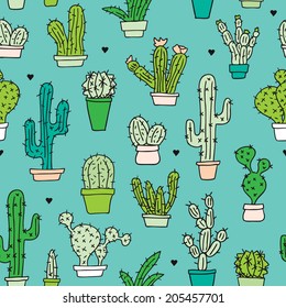 Seamless hand drawn doodle illustration cacti background pattern in vector