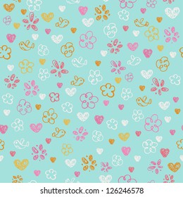 Seamless hand drawn doodle pattern with hearts, flowers and birds. Endless childish texture. Template for design and decoration