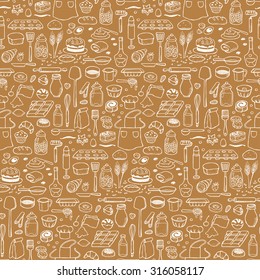 Seamless hand drawn doodle pattern with bakery elements. Vector illustration for backgrounds, web design, design elements, textile prints, covers 