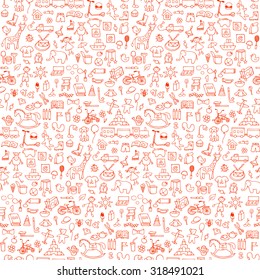 Seamless hand drawn doodle pattern with toys. Vector  illustration for backgrounds, web design, design elements, textile prints, covers, greeting cards