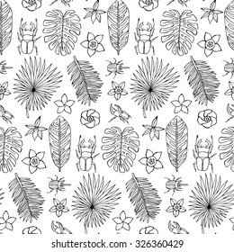Seamless hand drawn doodle pattern with beetles and tropical elements. Vector illustration for wallpapers, textile prints, backgrounds and wrapping