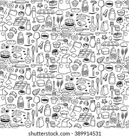 Seamless hand drawn doodle pattern with bakery elements