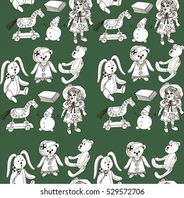 Seamless hand drawn doodle pattern with toys