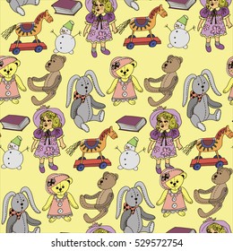 Seamless hand drawn doodle pattern with toys