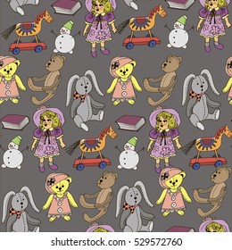 Seamless hand drawn doodle pattern with toys