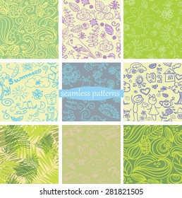 Seamless hand drawn doodle patterns set. Can be used for wallpaper, pattern fills, surface textures, web page background