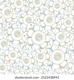 Estilo de garabato dibujado a mano sin fisuras, geométrico con cyan de primavera, patrón de flor beige para textiles, cubiertas de libros, fabricación, tela, tela