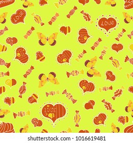 Seamless Hand Drawn Doodles. Vector. Pattern for wrapping, cover. Sketch Valentine. Elements on yellow, orange and white colors. Valentines Day. Wedding Romantic Love Graphics. Lettering poster.