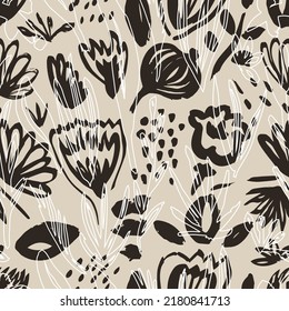 Seamless hand drawn with dry brush floral pattern. Can be used for a textile or wallpaper design.