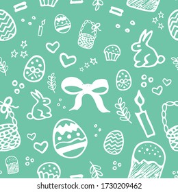 Nahtlose handgezeichnete Osterferien Doodle Stil Vektor-Muster für Design-Interieur, Tapete, Verpackung, Plakate, Grußkarte.