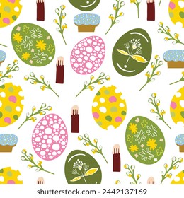 Seamless hand drawn easter pattern with floeal elements and eggs and easter cake in pastel colors