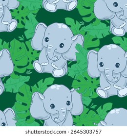 Seamless Hand Drawn Elephant Pattern with Tropical Leaves Cute Vector for Kids