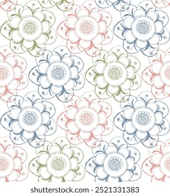 Seamless Hand drawn embroidery floral elements used for red, blue, green summer geometric pattern background in textiles, tiles..,