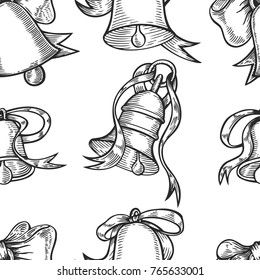 Seamless Hand drawn engraving bell with red bow. Christmas plant retro vintage style. Romantic Christmas illustration. Greeting card design. new year mistletoe. Winter template.
