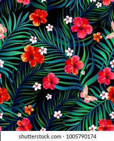 	
Seamless hand drawn exotic vector pattern with green palm leaves, butterflyes and hibiscus flower.